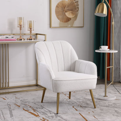 Modern soft white Teddy fabric ivory chair with ergonomic features featuring gold legs and adjustable legs