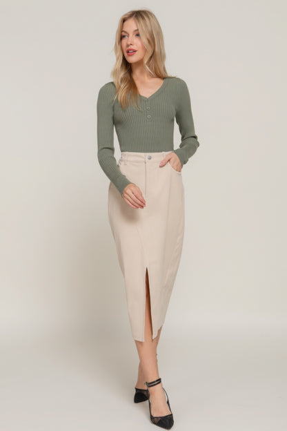 Front Open Slit Corduroy Midi Skirt