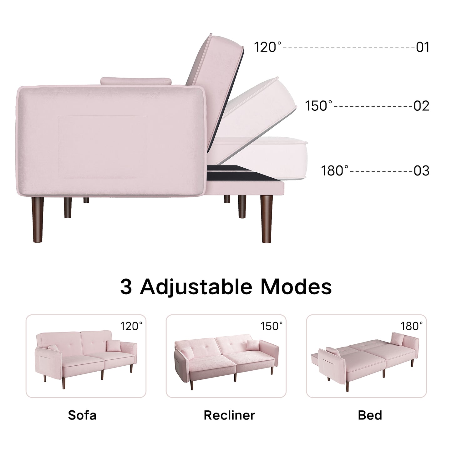 Convertible Sofa Bed with Wood Legs in Velvet(Pink)