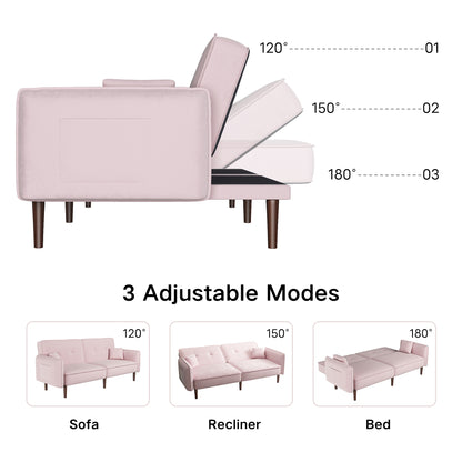 Convertible Sofa Bed with Wood Legs in Velvet(Pink)