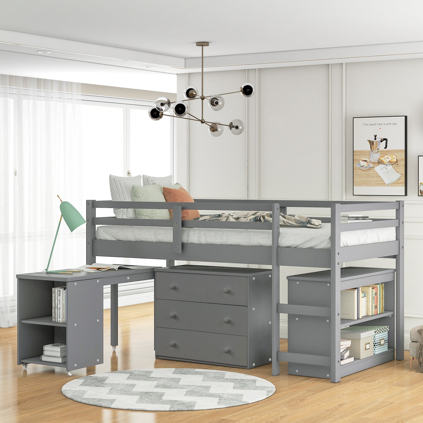 Low Study Twin Loft Bed with Cabinet and Rolling Portable Desk - Gray (OLD SKU :LP000113AAE)