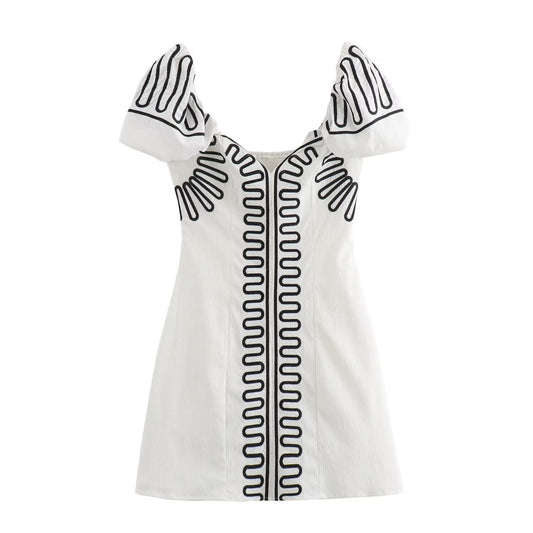 Stylish low neck sleeveless printed waist cinched white dress for women