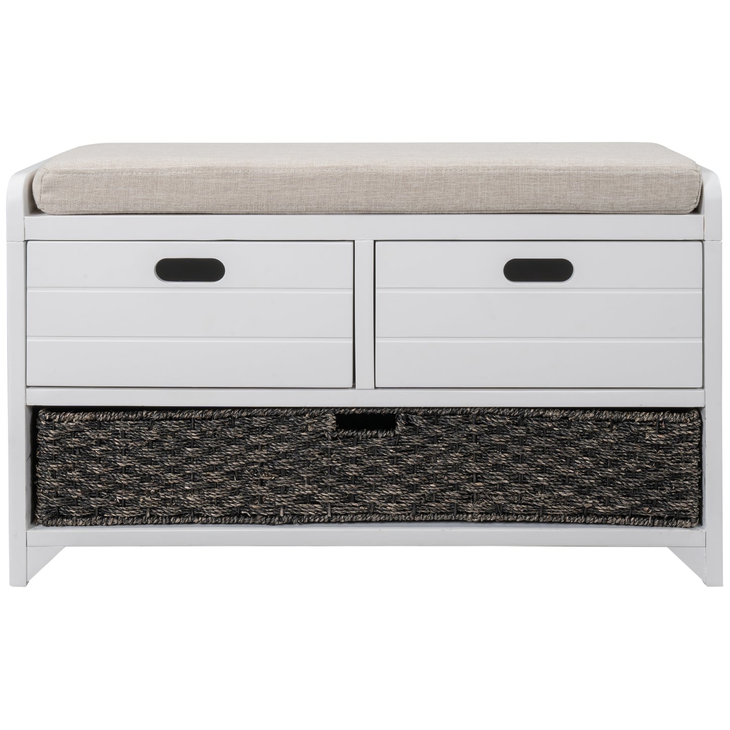 TREXM White Storage Bench with Removable Basket and 2 DrawersFully Assembled Shoe Bench with Removable Cushion