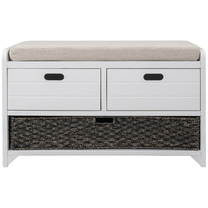 TREXM White Storage Bench with Removable Basket and 2 DrawersFully Assembled Shoe Bench with Removable Cushion