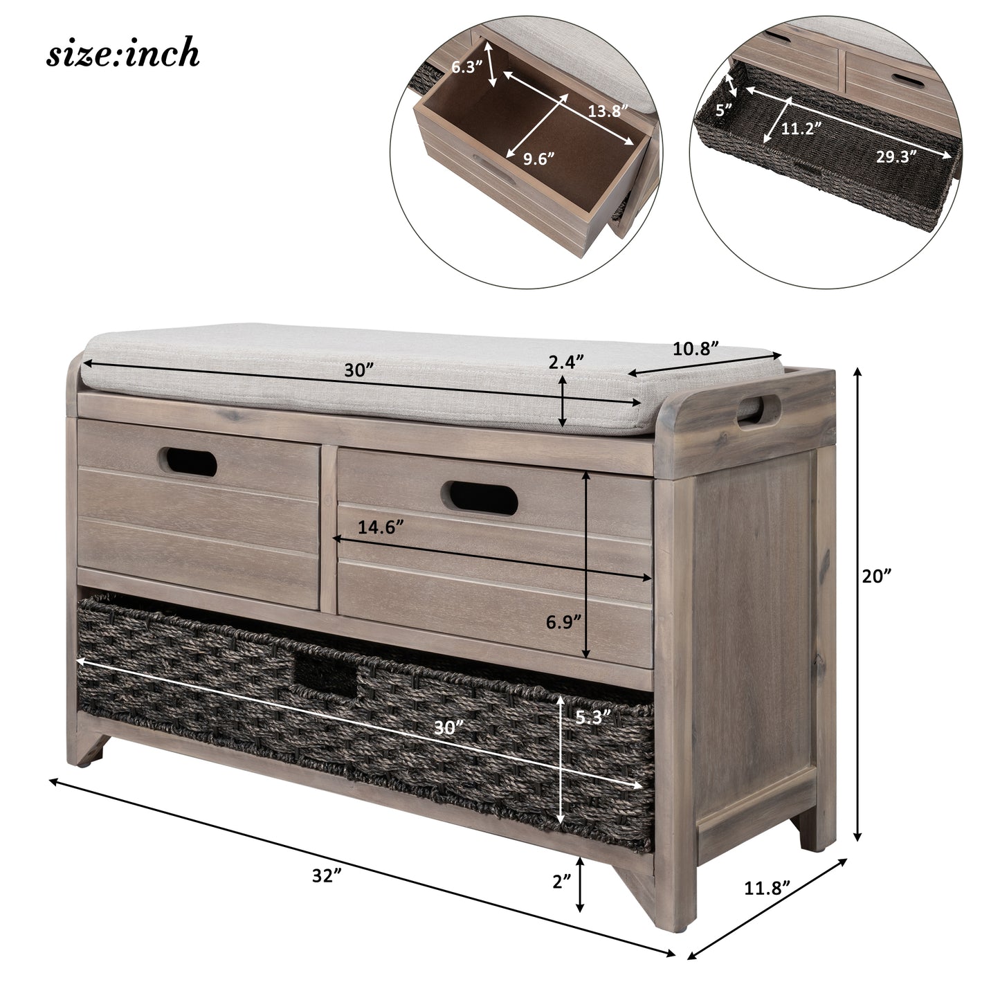 TREXM Storage Bench with Removable Basket and 2 Drawers, Fully Assembled Shoe Bench with Removable Cushion (White Washed)