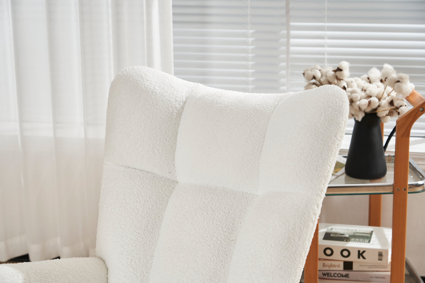 Rocking Chair Nursery  solid wood leg reading chair  Teddy fabric cushion with Nap armchair  white Teddy fabric