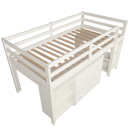 Low Study Twin Loft Bed with Cabinet and Rolling Portable Desk - White (OLD SKU :LP000113AAK)