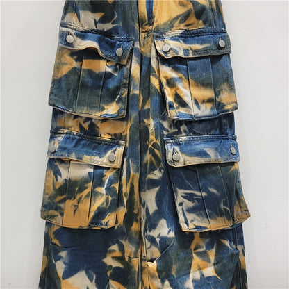 Retro street multi pocket camouflage work pants, long pants, straight leg mop jeans, wide leg pants, women's fashion