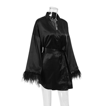 Nightgown Ostrich Feather Long Sleeve Pajamas Cardigan European and American Simulation Silk Black Bathrobe Women's Home Clothes