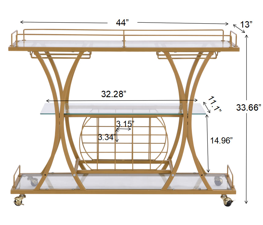 Golden Bar Cart with Wine Rack Tempered Glass Metal Frame Wine Storage