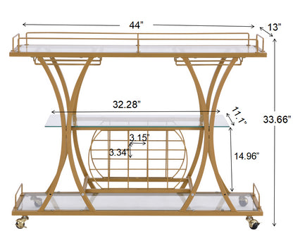 Golden Bar Cart with Wine Rack Tempered Glass Metal Frame Wine Storage