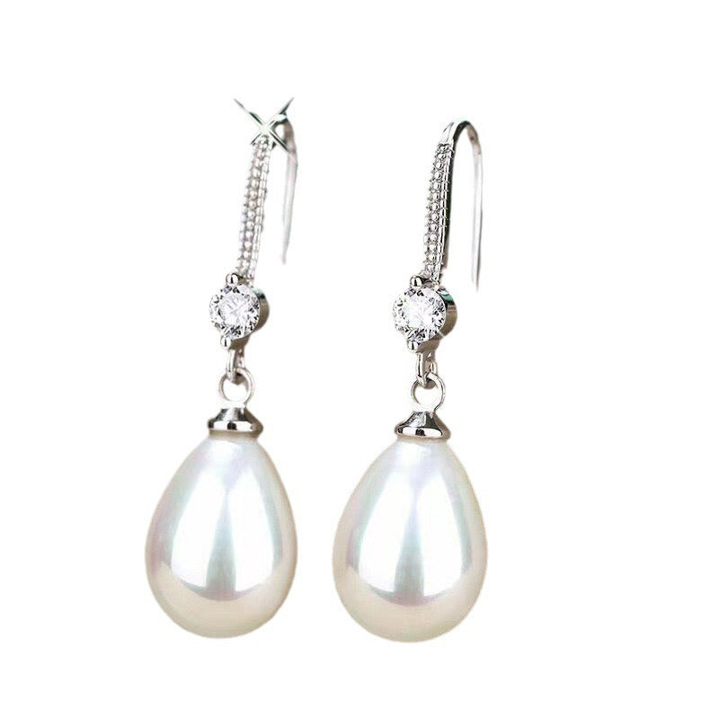 Water droplet shaped simulated freshwater pearl earrings for women, new zircon shell pearl group set with long earrings