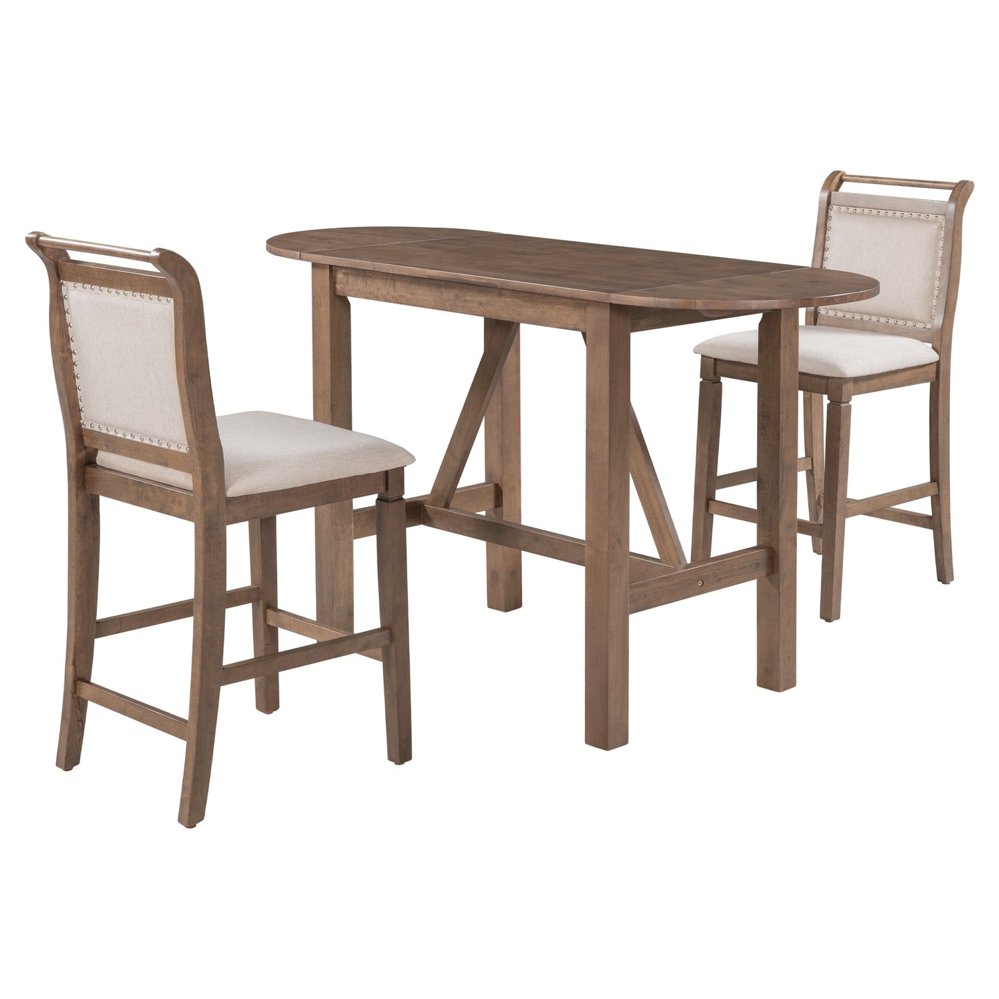 TOPMAX 3-Piece Wood Counter Height Drop Leaf Dining Table Set with 2 Upholstered Dining Chairs for Small Place, Brown