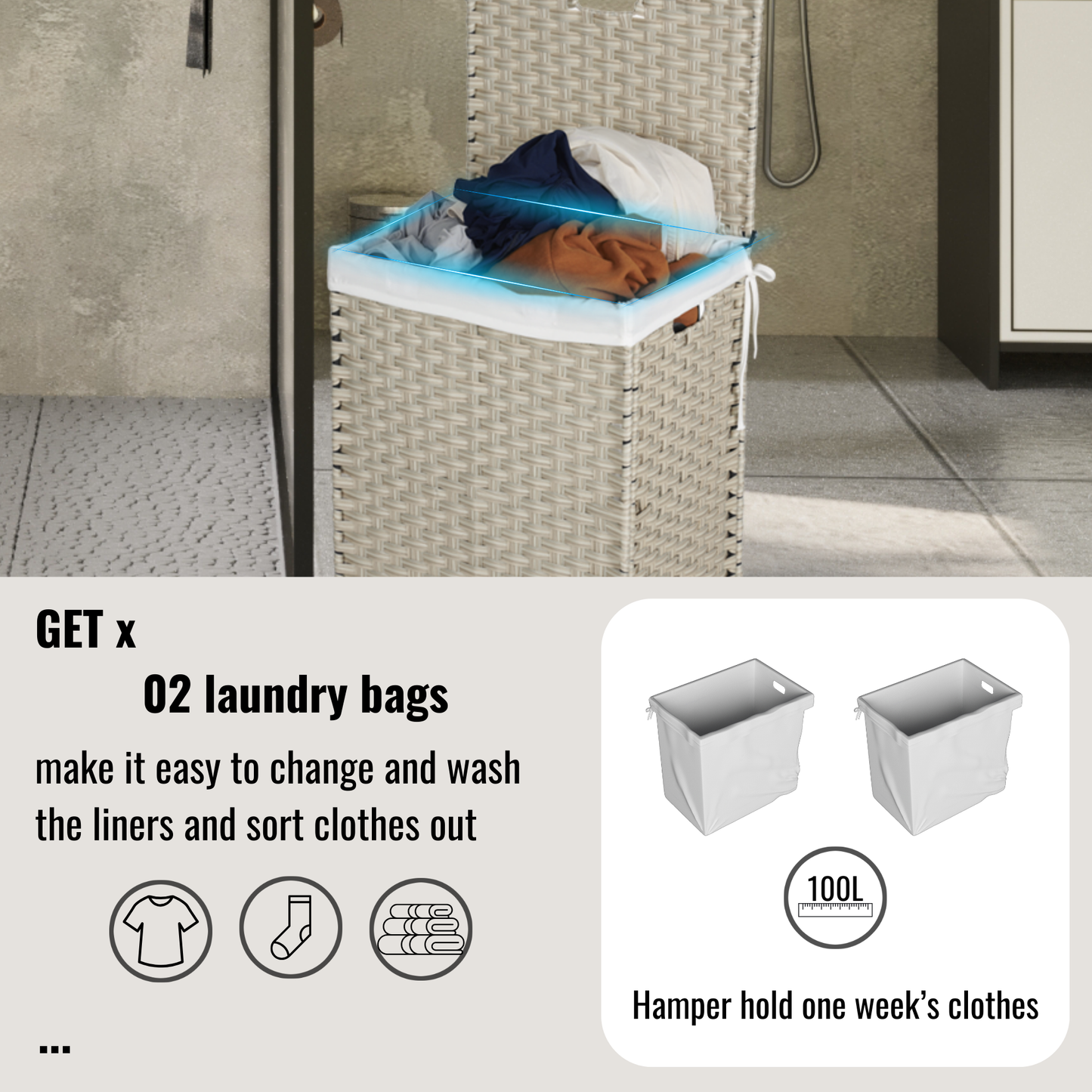 Laundry Hamper With Lid PE Rattan Powder Coating Frame Clothes Hampers with 02 Removable Bags, 100L, Grey Color