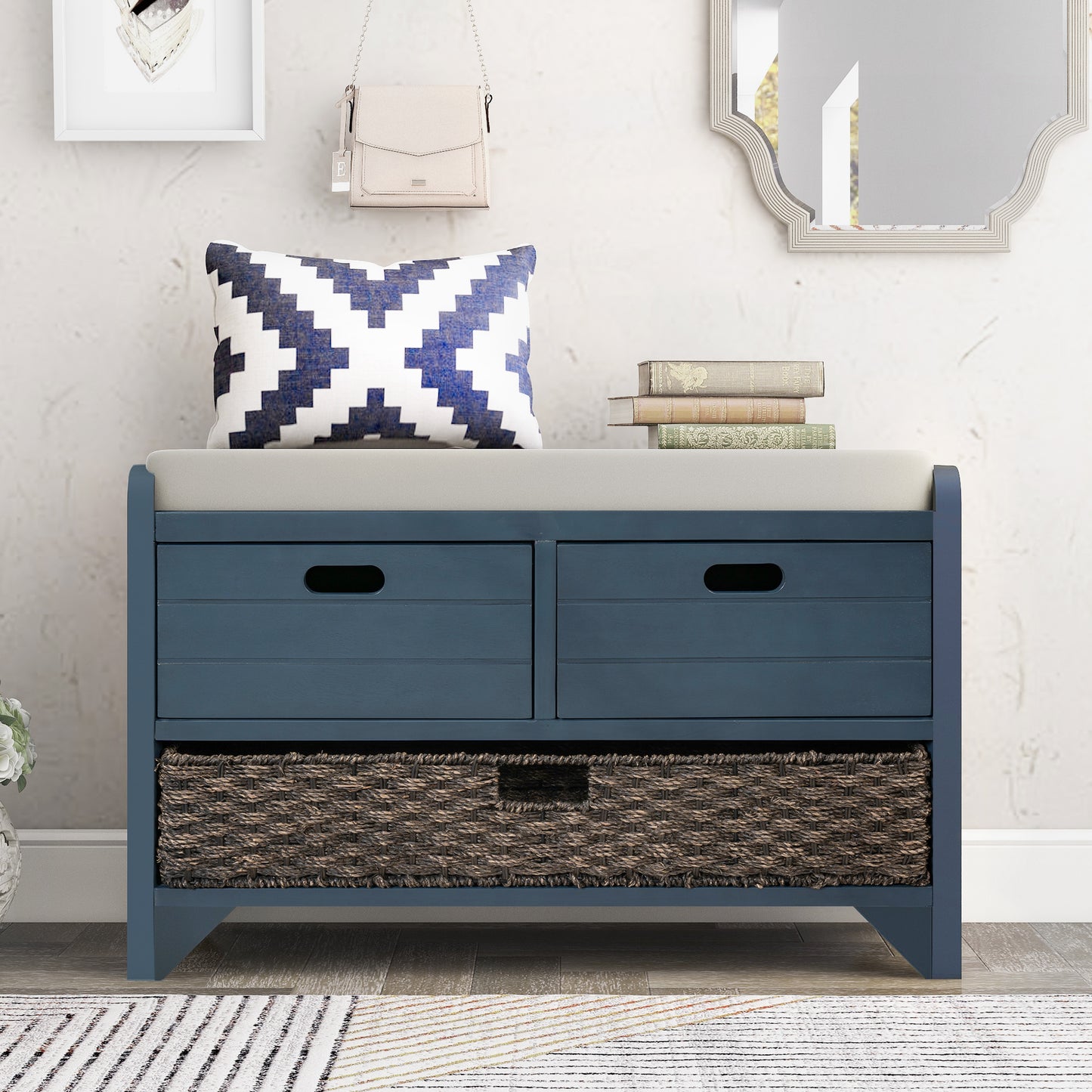 TREXM Storage Bench with Removable Basket and 2 Drawers, Fully Assembled Shoe Bench with Removable Cushion (Navy)