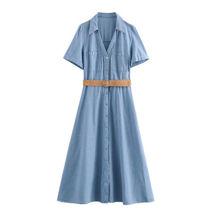 Fashionable waist belt shirt style MIDI dress