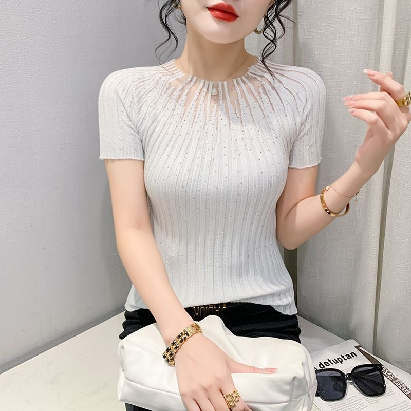 Mesh with diamond round neck bottom top for women's new solid color slim fit short sleeved shirt