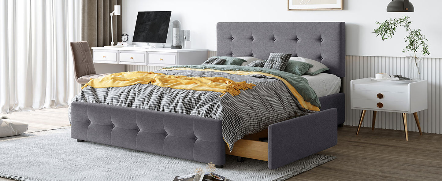 Upholstered Platform Bed with Classic Headboard and 4 Drawers No Box Spring Needed Linen Fabric Queen Size Dark gray