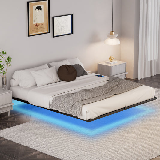 Floating Bed Frame King Size with LED Lights ＆ charging station, Metal Platform Queen Bed, 79.9'' L x 76.2'' W x 7.9'' H.