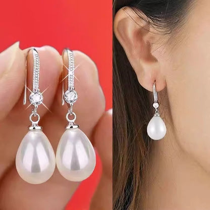 Water droplet shaped simulated freshwater pearl earrings for women, new zircon shell pearl group set with long earrings