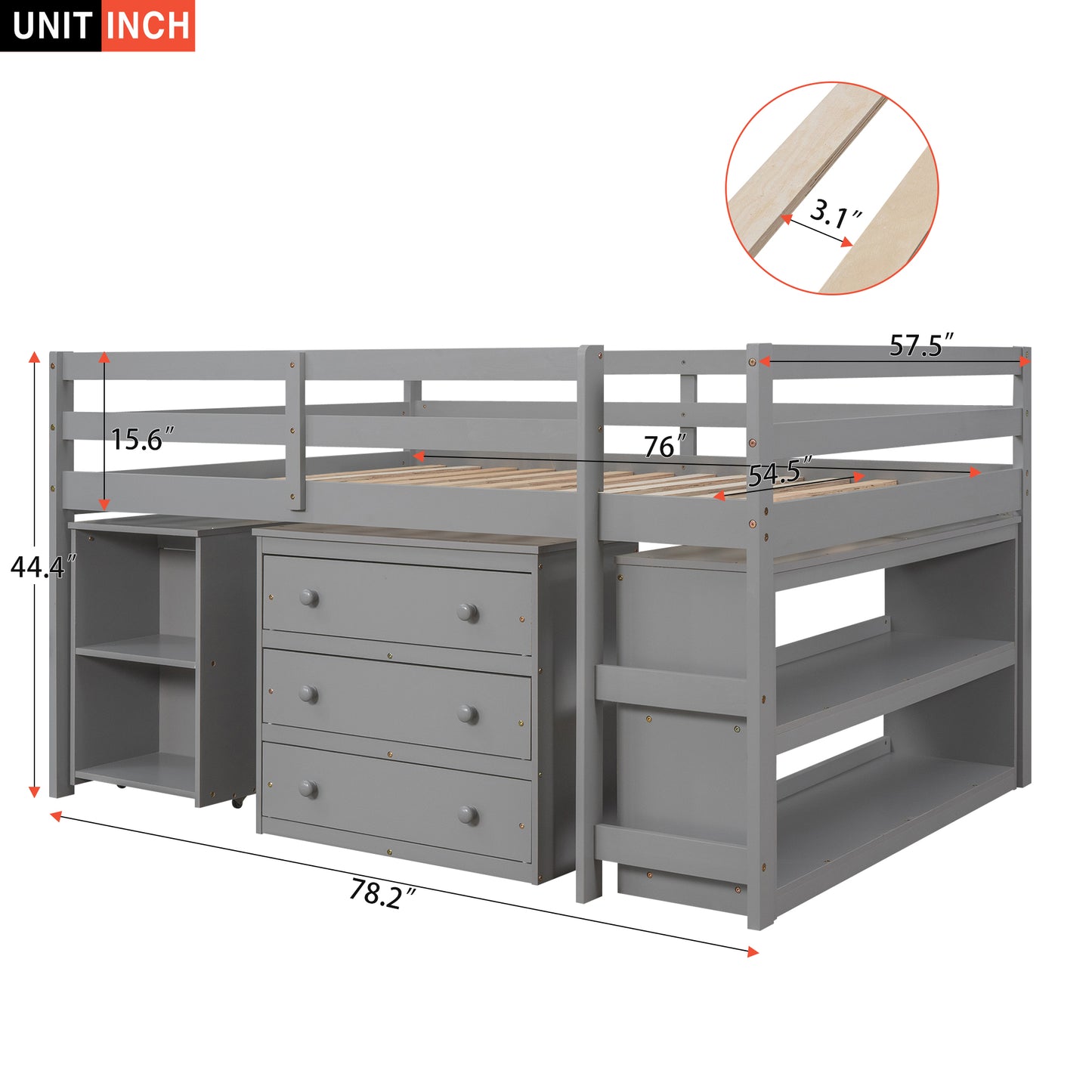 Low Study Full Loft Bed with Cabinet Shelves and Rolling Portable Desk Multiple Functions Bed- Gray