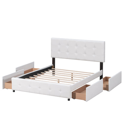 Upholstered Platform Bed with Classic Headboard and 4 Drawers No Box Spring Needed Linen Fabric Queen Size White