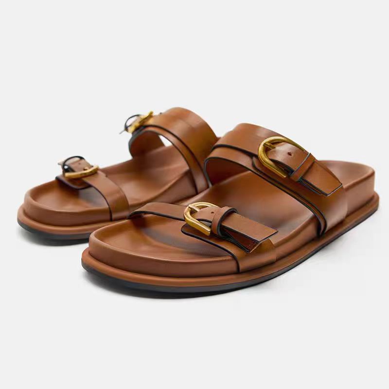 Open toe buckle decorated beach casual flat sandals thick sole strappy slippers