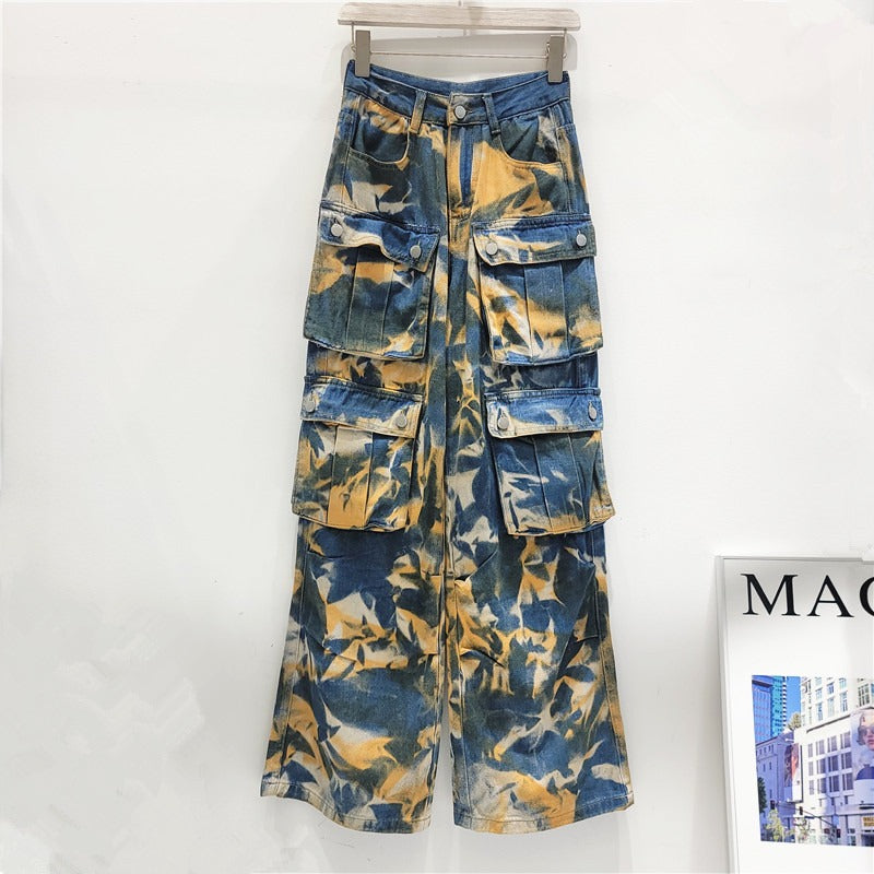 Retro street multi pocket camouflage work pants, long pants, straight leg mop jeans, wide leg pants, women's fashion