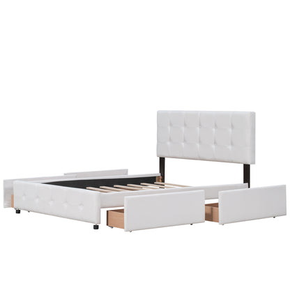 Upholstered Platform Bed with Classic Headboard and 4 Drawers No Box Spring Needed Linen Fabric Queen Size White