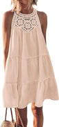 Hollow out backless dress, casual sleeveless A-line layered swinging vest skirt