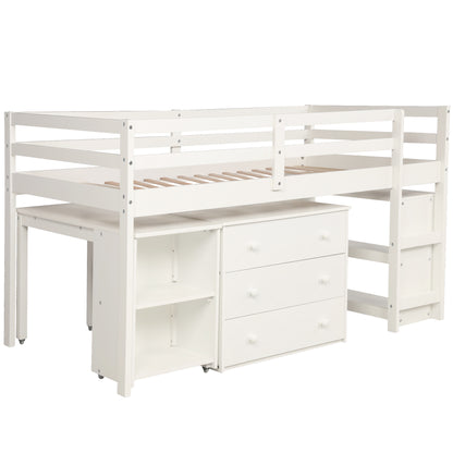 Low Study Twin Loft Bed with Cabinet and Rolling Portable Desk - White (OLD SKU :LP000113AAK)