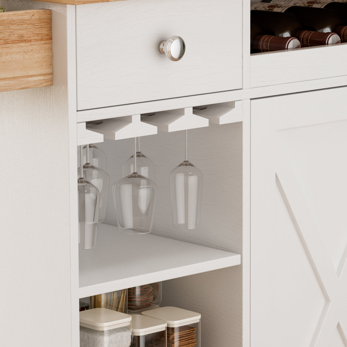 44 Inch Kitchen Island Cart with Solid Wood Top, Wine Storage, Spice Rack, Towel Rack, Wine Glass Holder White & Oak