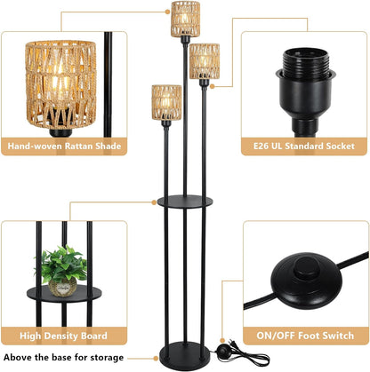 Boho Floor Lamp with Shelves 3-Lights Farmhouse Tall Floor Lamp with ON/OFF Foot Switch Rustic Standing Lamp with Rattan Shades