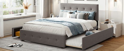 Upholstered Platform Bed with 2 Drawers and 1 Twin XL Trundle Linen Fabric Queen Size - Light Gray