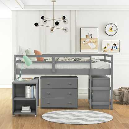 Low Study Twin Loft Bed with Cabinet and Rolling Portable Desk - Gray (OLD SKU :LP000113AAE)