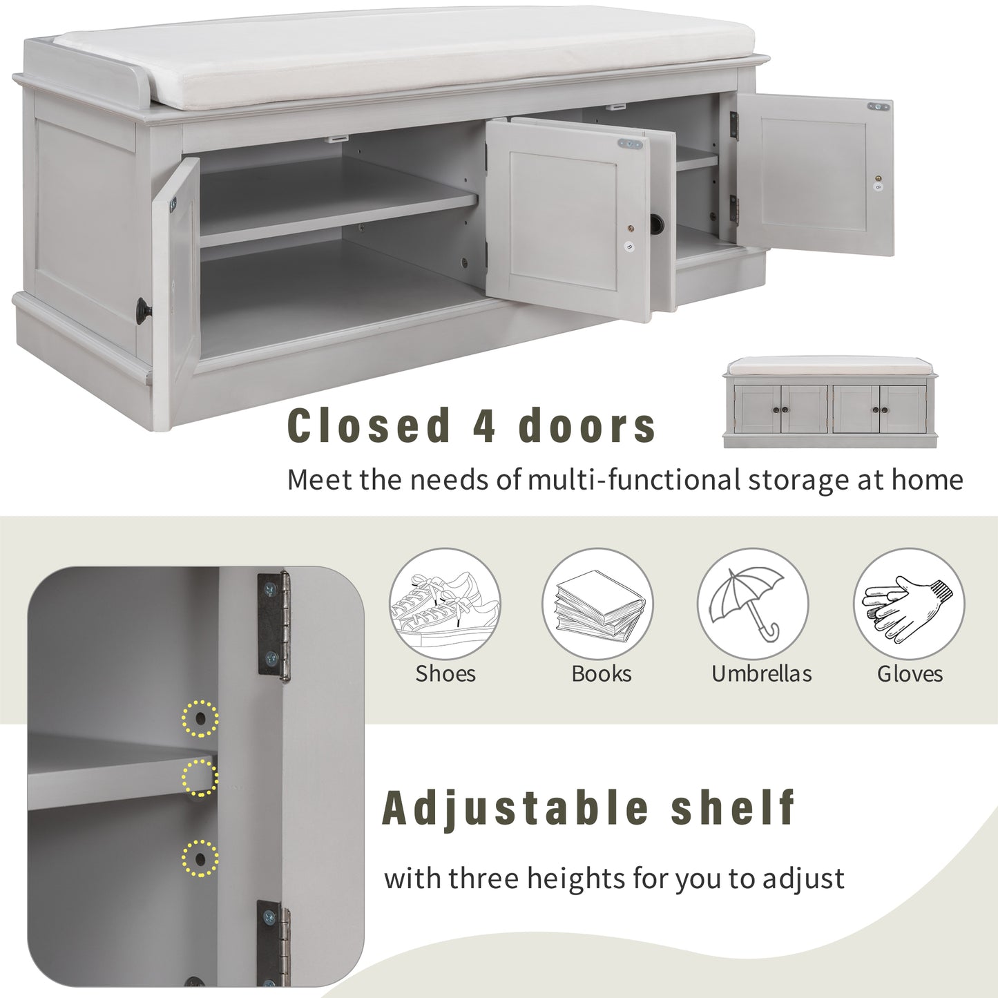 TREXM storage table with 4 doors and adjustable shelves and detachable cushioned shoe stand(Gray Wash)