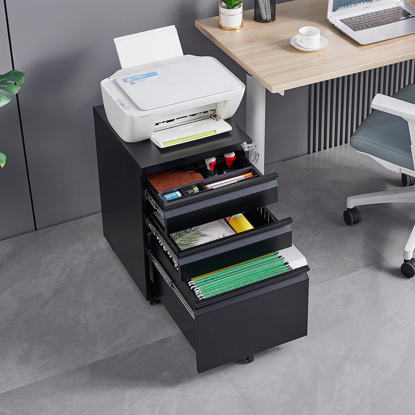 Locked three drawer storage mobile metal filing cabinet with pre installed wheels under the desk filing cabinet