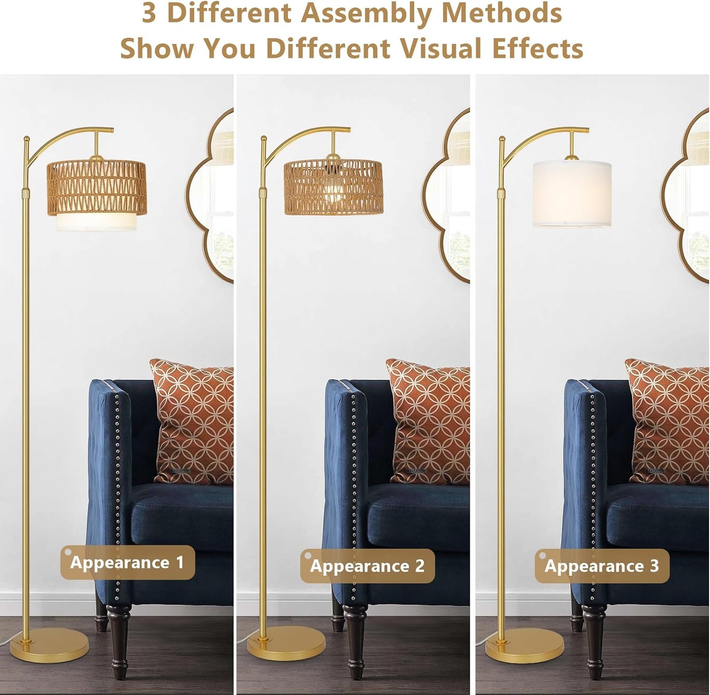 Gold Floor Lamps for Living Room with Remote & Dimmable LED Bulb, Modern Arc Floor Lamp with 3 Color Temperatures