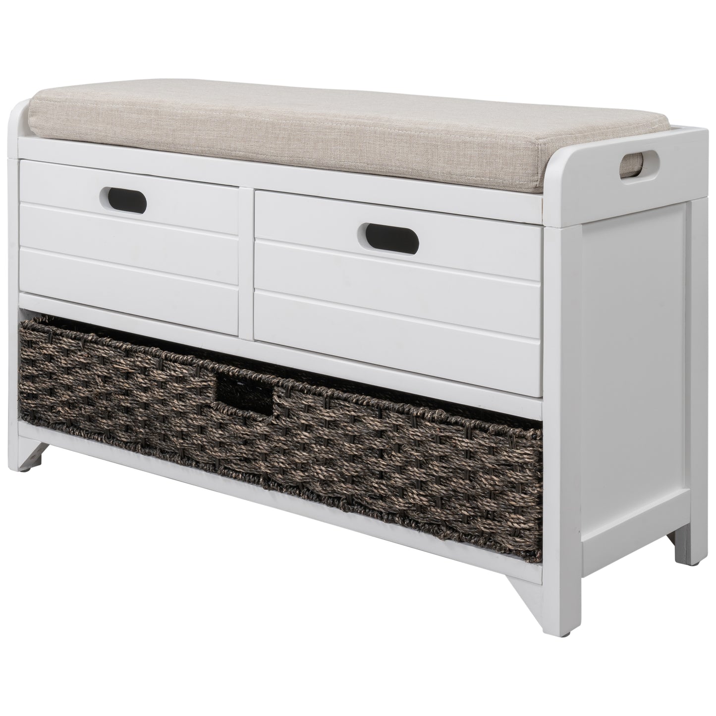 TREXM White Storage Bench with Removable Basket and 2 DrawersFully Assembled Shoe Bench with Removable Cushion