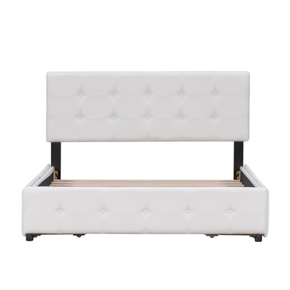 Upholstered Platform Bed with Classic Headboard and 4 Drawers No Box Spring Needed Linen Fabric Queen Size White