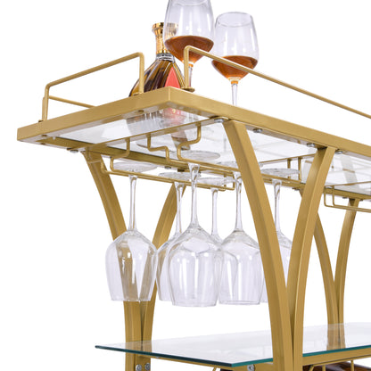 Golden Bar Cart with Wine Rack Tempered Glass Metal Frame Wine Storage