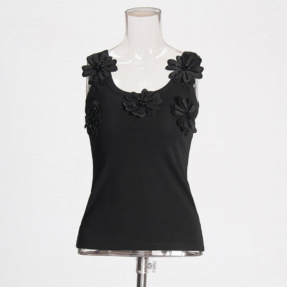 Fashionable hot girl style slim camisole top design with three-dimensional flower small vest for women