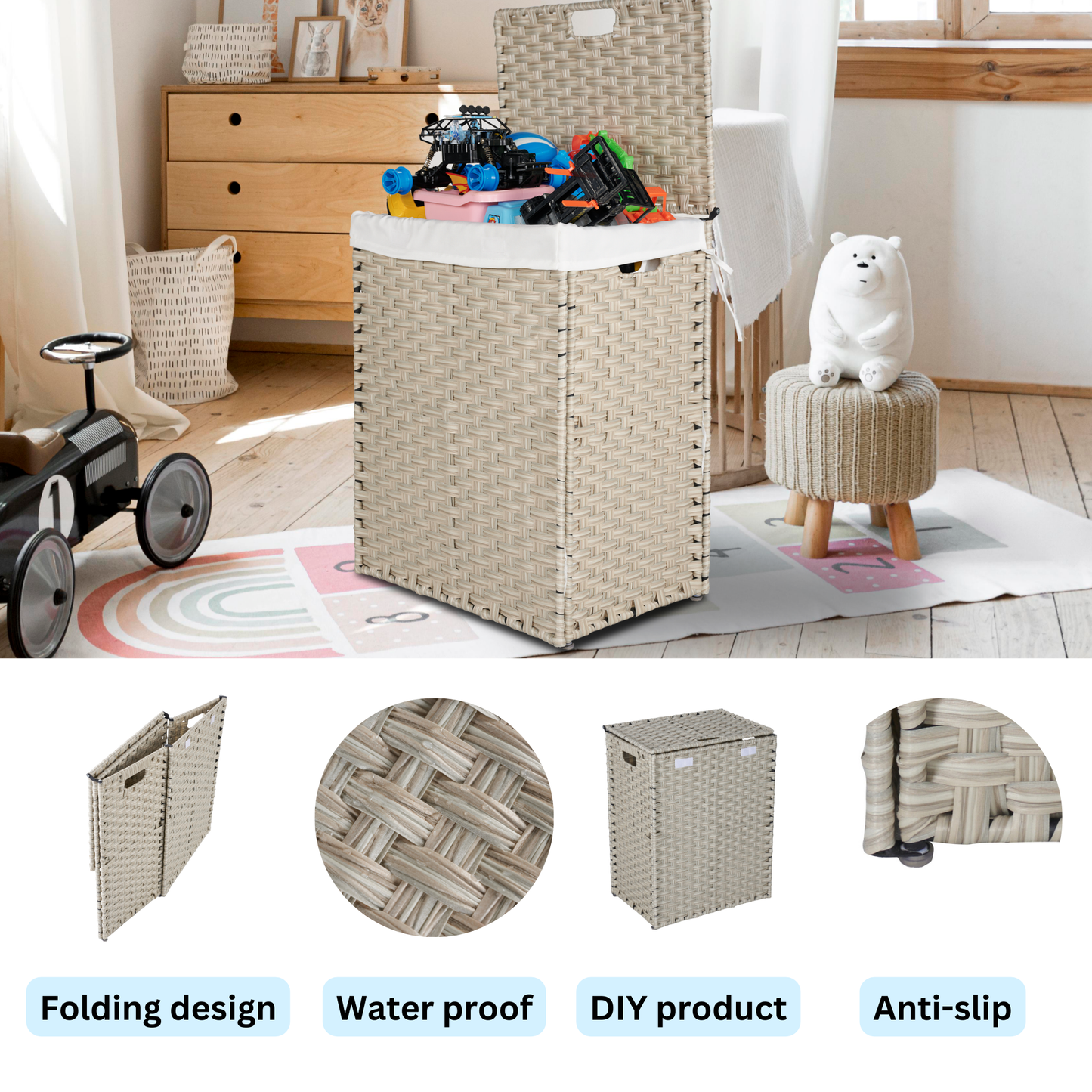 Laundry Hamper With Lid PE Rattan Powder Coating Frame Clothes Hampers with 02 Removable Bags, 100L, Grey Color