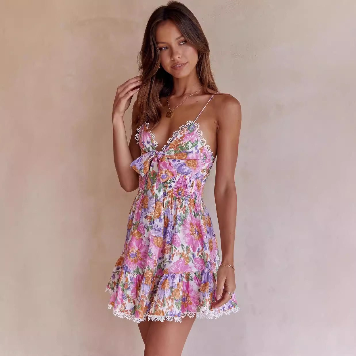 V-neck sexy camisole dress with cinched waist for slimming effect, bow printed skirt