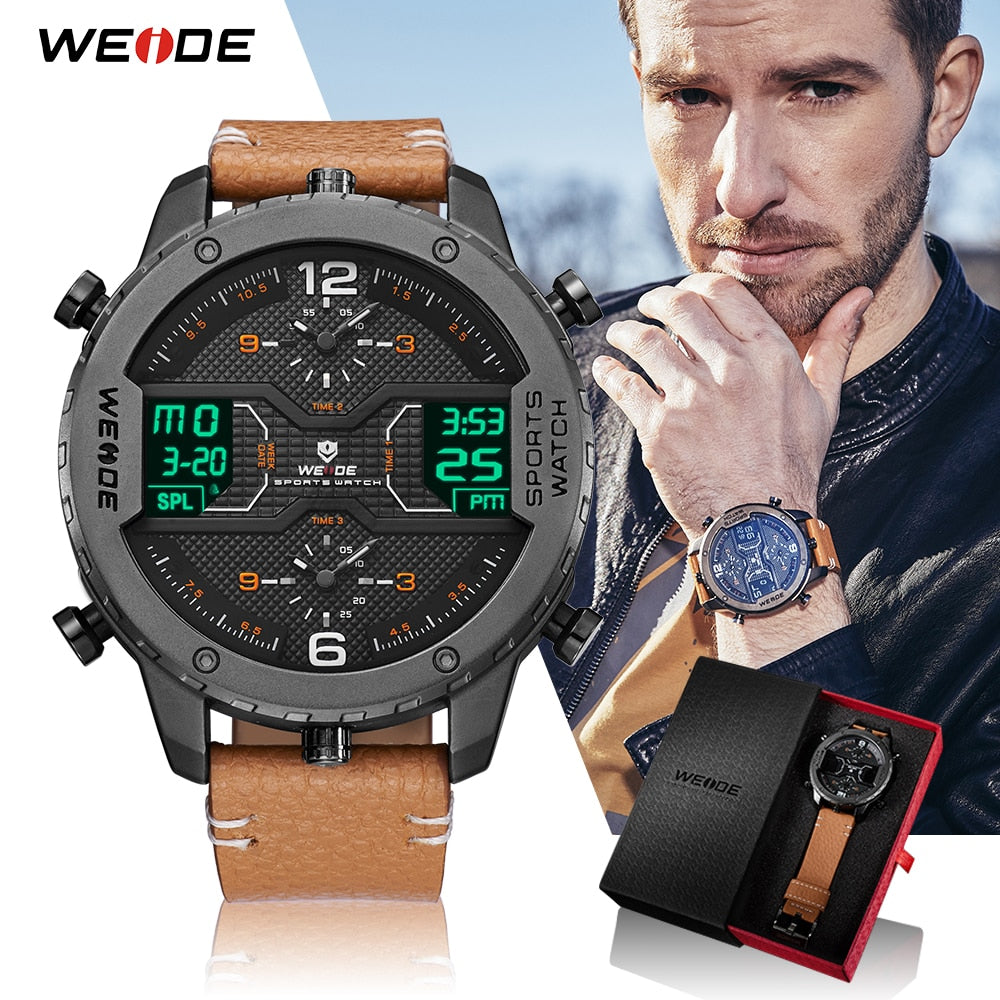 WEIDE men's Sports watch Analog Hands Digital Calendar Quartz Brown Leather Strap Wrist watches