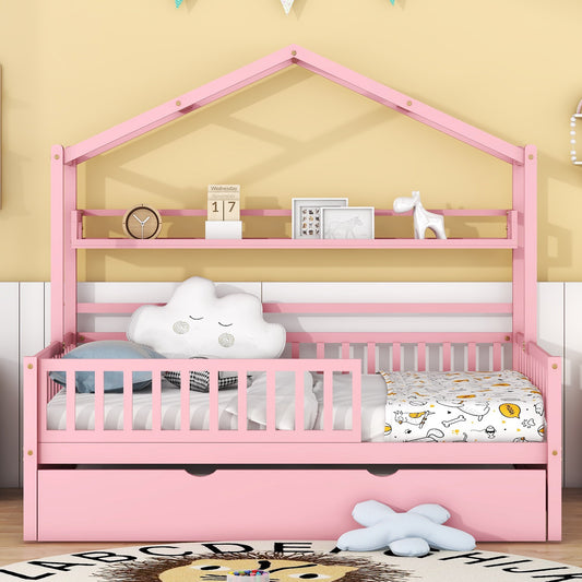 Wooden Full Size House Bed with Twin Size Trundle Kids Bed with Shelf Pink