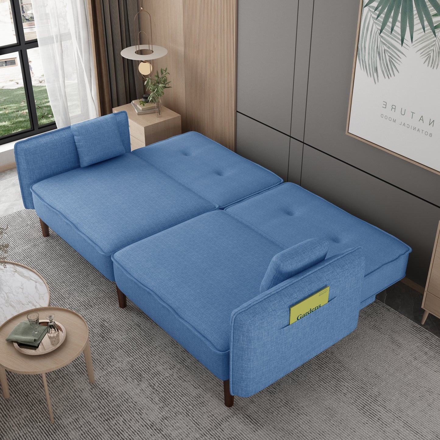 Living Room Bed Room Leisure Futon Sofa bed in Blue Fabric with Solid Wood Leg