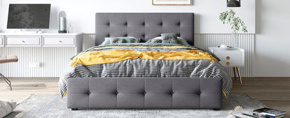 Upholstered Platform Bed with Classic Headboard and 4 Drawers No Box Spring Needed Linen Fabric Queen Size Dark gray