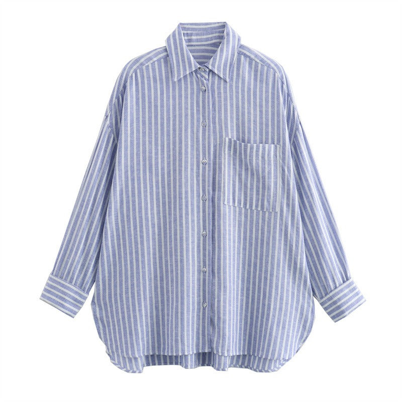 Casual and fashionable versatile linen blend striped shirt for women