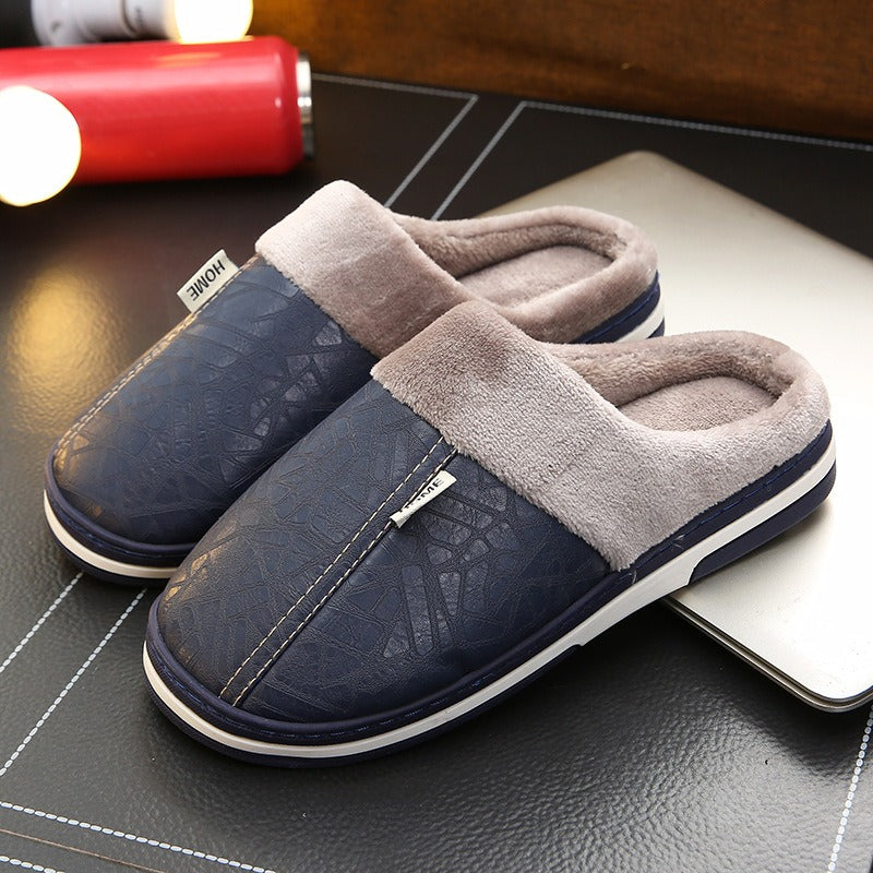 Cotton slippers in large size, winter waterproof home for couples, indoor anti slip and warm, men's external wear, women's soft soled PU leather slippers